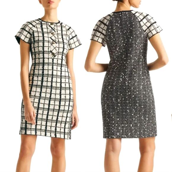 NWT$1,795 St. John Plaid Raglan Sleeve Tweed Knit Sheath Black White Dress Sz 6